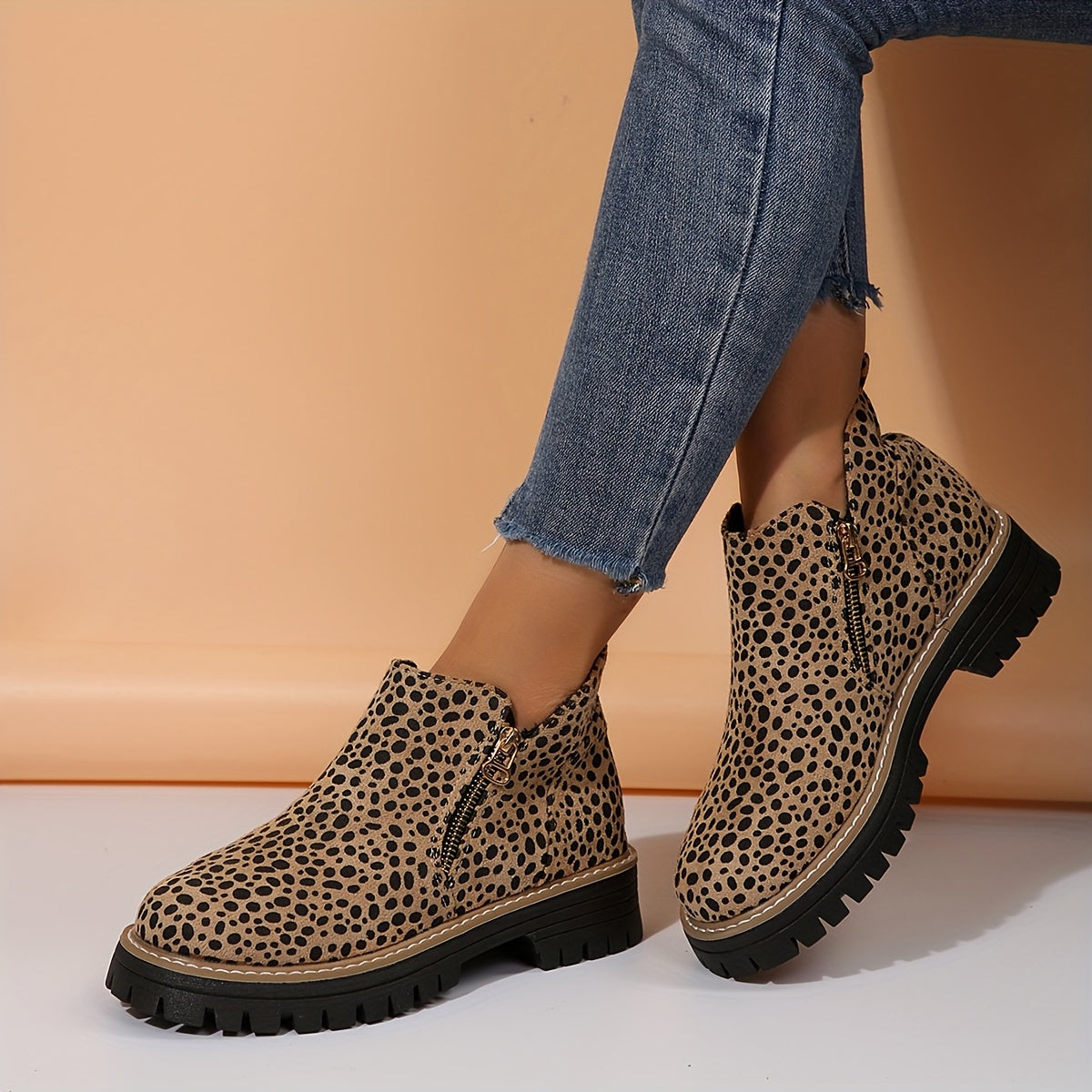 Women's Leopard Print Ankle Booties Zipper Block Heel All-Season Rubber Sole