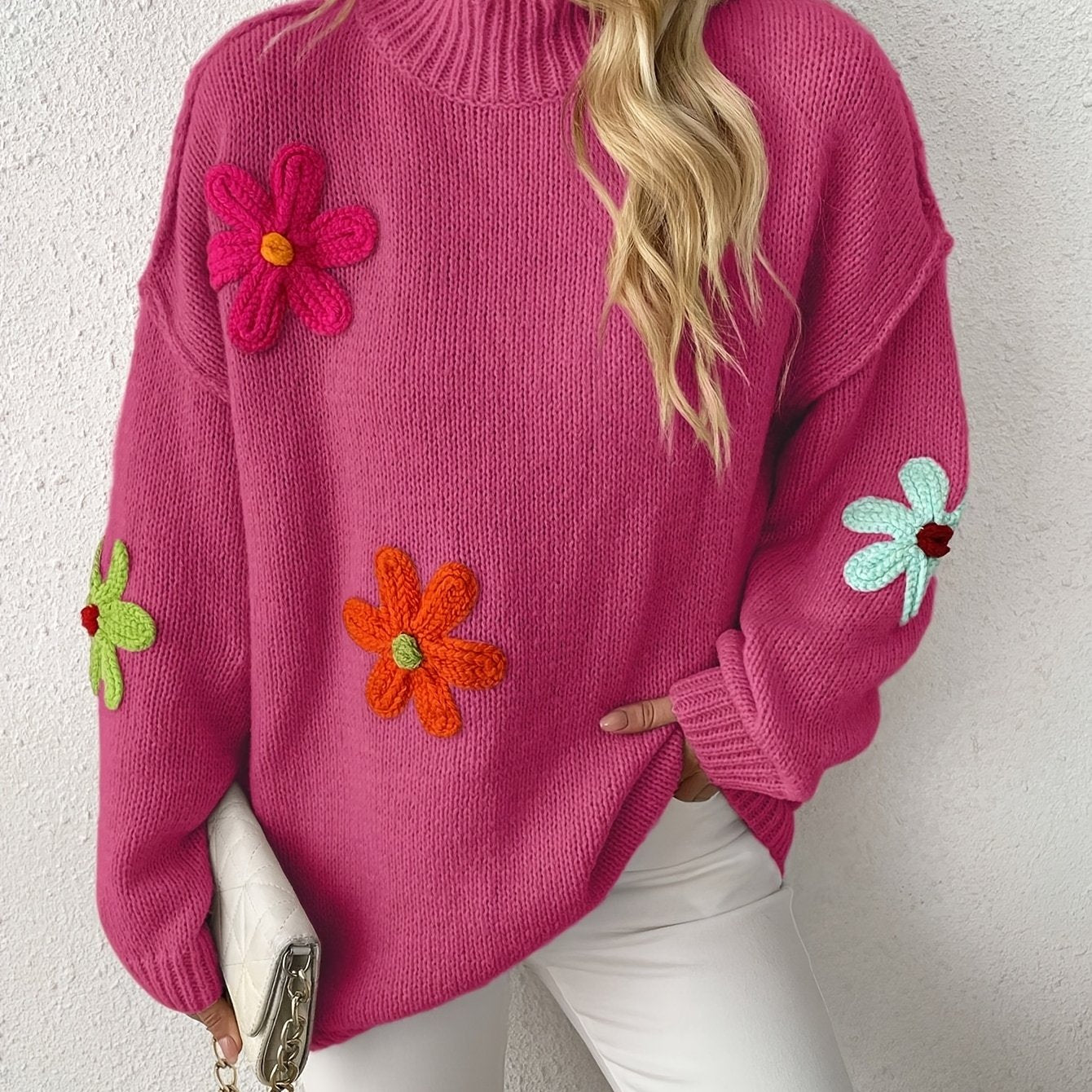 Plus Size Floral Applique Knit Sweater Casual Long Sleeve High Neck Top