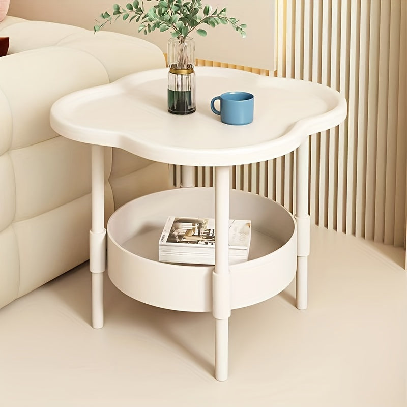 White Mid-Century Modern Coffee Table with Lower Shelf and Flower Nightstand