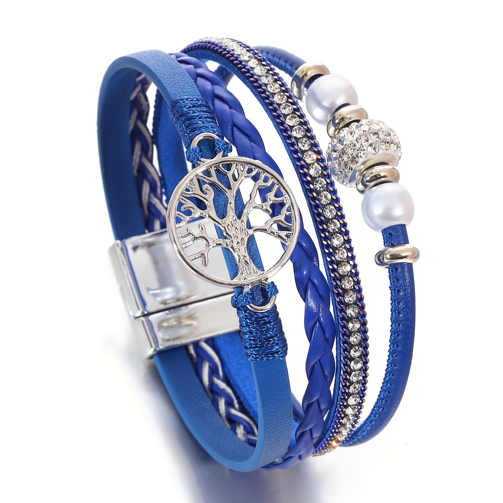 Multi-Layer Faux Leather Wristband with Tree of Life Charm and Rhinestones