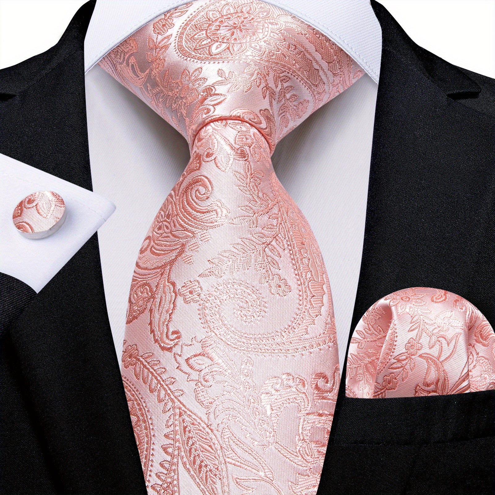 Stylish Men's Pink Patterned Tie Set with Pocket Square, Hanky, and Cufflinks - Perfect for Weddings or as a Gift