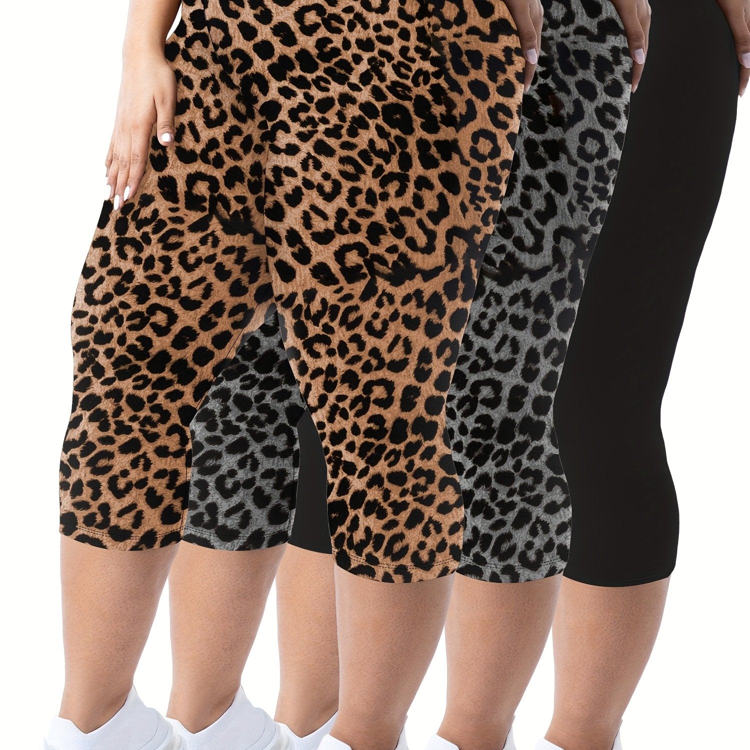 Plus Size Women's High-Waist Capri Leggings Solid Color Stretchy Casual