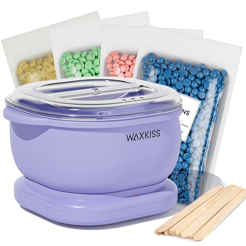 Purple Silicone Wax Warmer Kit 500ml with Hard Wax Beads and Wooden Sticks for Hair Removal