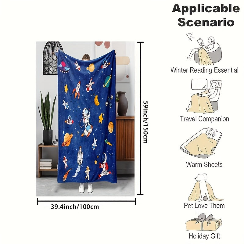 Warm Flannel Blanket with Cartoon Space Flying Saucer Design for Cozy Use