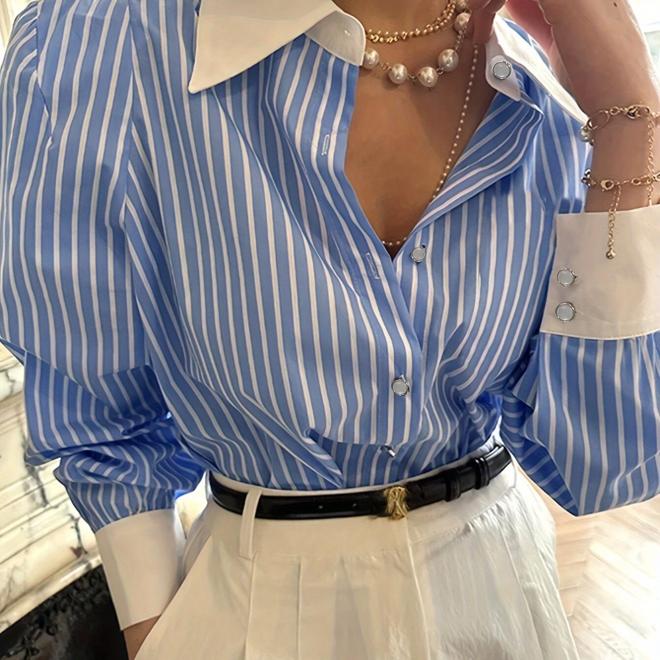 Blue and White Striped Button-Up Shirt for Adults Long Sleeve Polyester Office Casual
