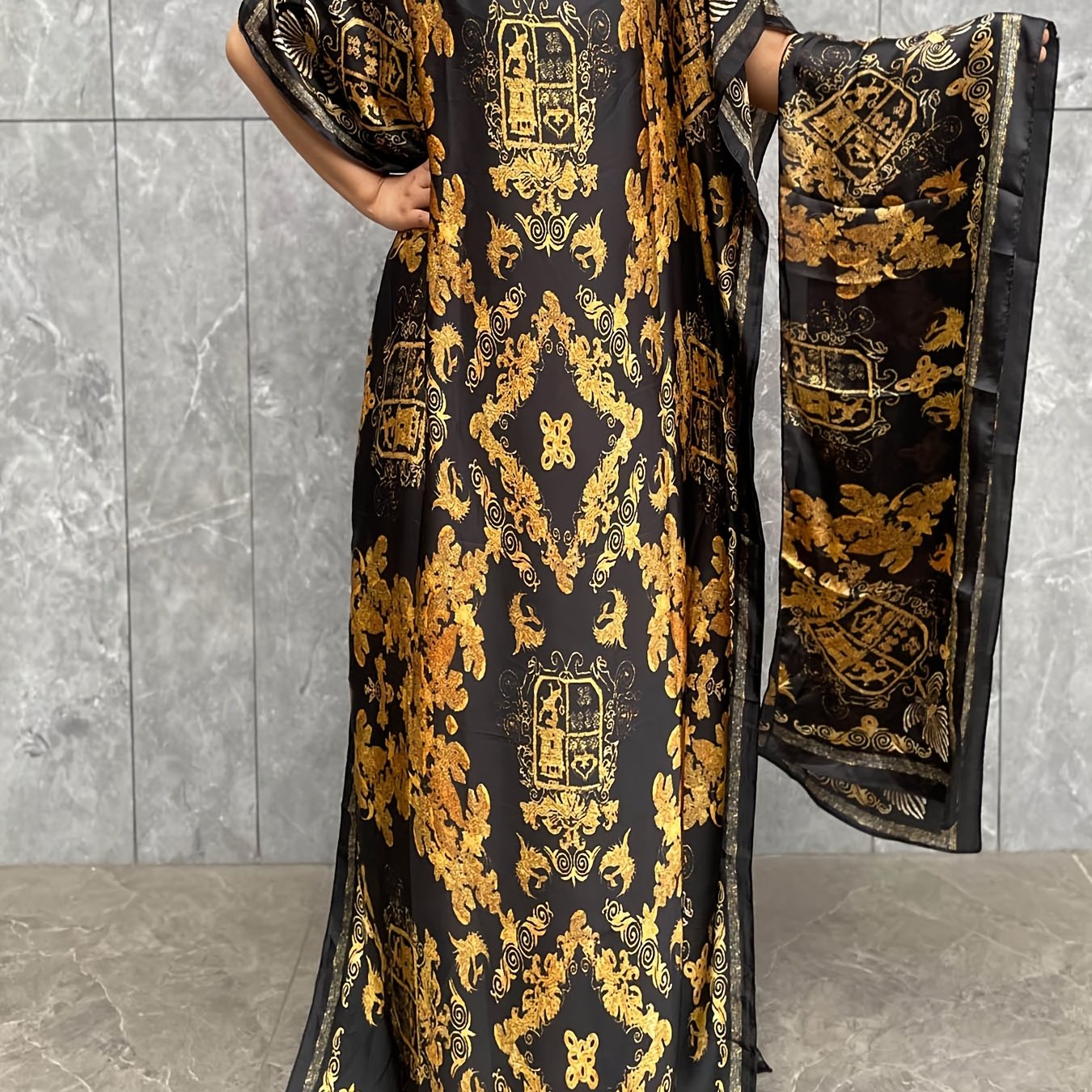 Women's Plus Size Floral Print Tunic Dress with Scarf Polyester All-Season