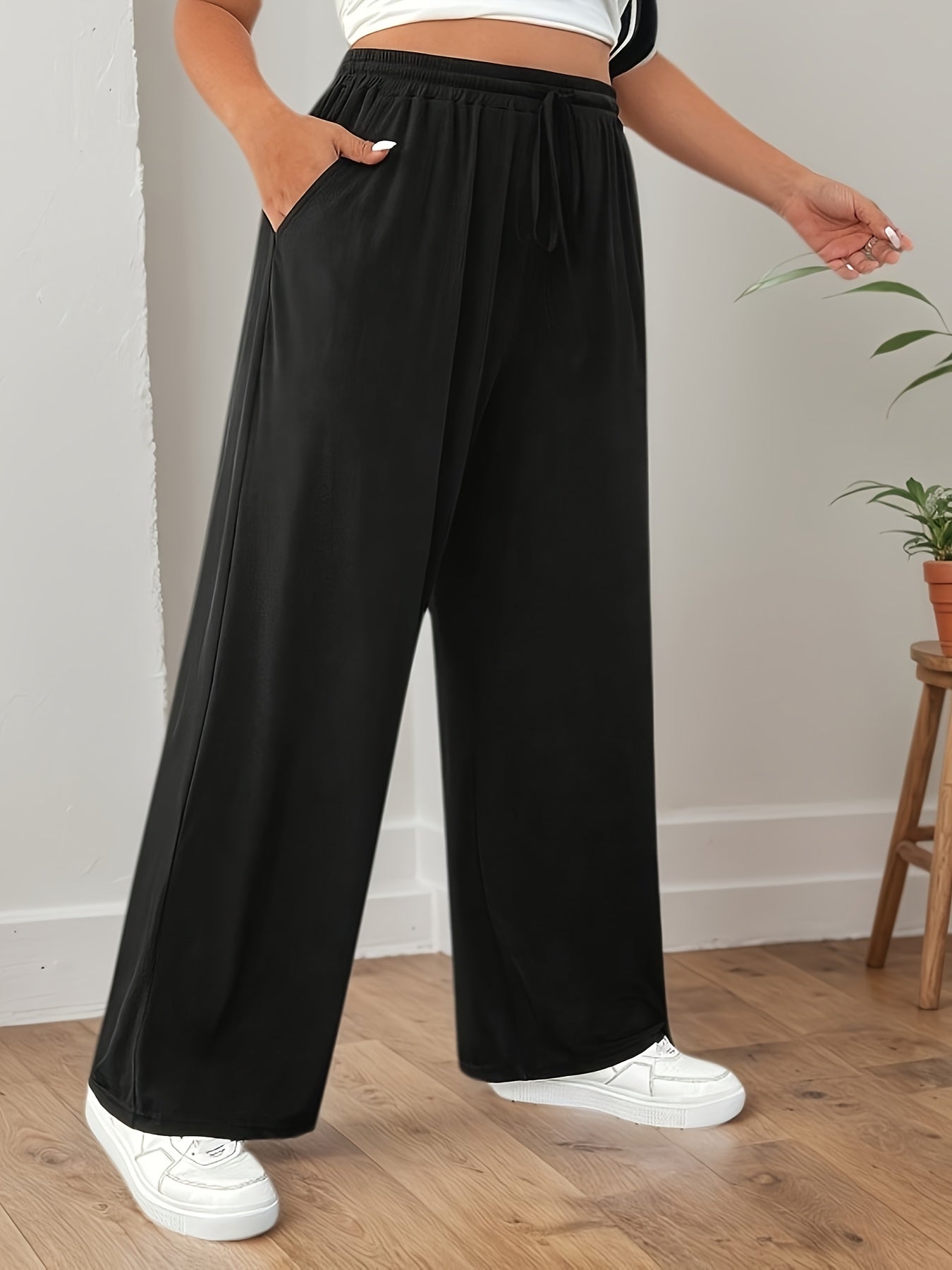 Women's Wide Leg Pants Elastic Black Casual Summer Trousers