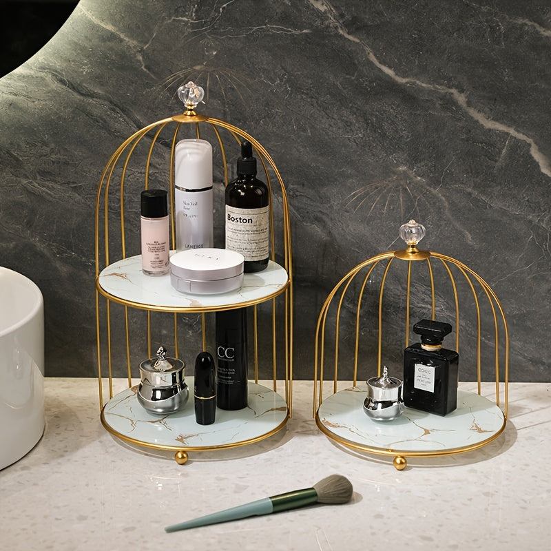 Soporte para pastel de jaula de pájaros de hierro fundido dorado, exhibidor de postres de dos niveles para aperitivos y frutas