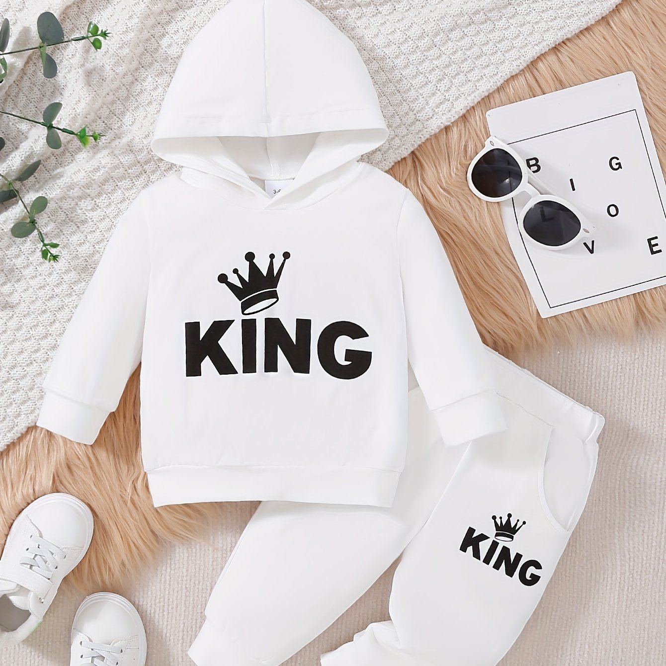 Baby Boy's Casual Outfit Set Cotton Hooded Sweatshirt and Pants with KING Print