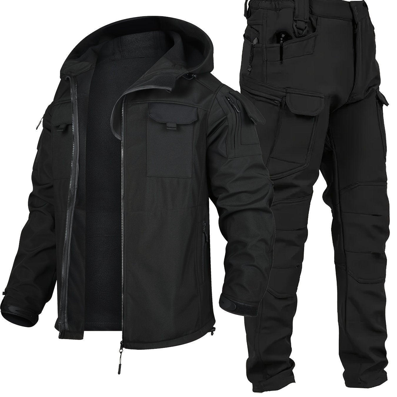 Conjunto de chaqueta y pantalones de senderismo para exteriores para hombre, a prueba de viento y cálido, con múltiples bolsillos, poliéster