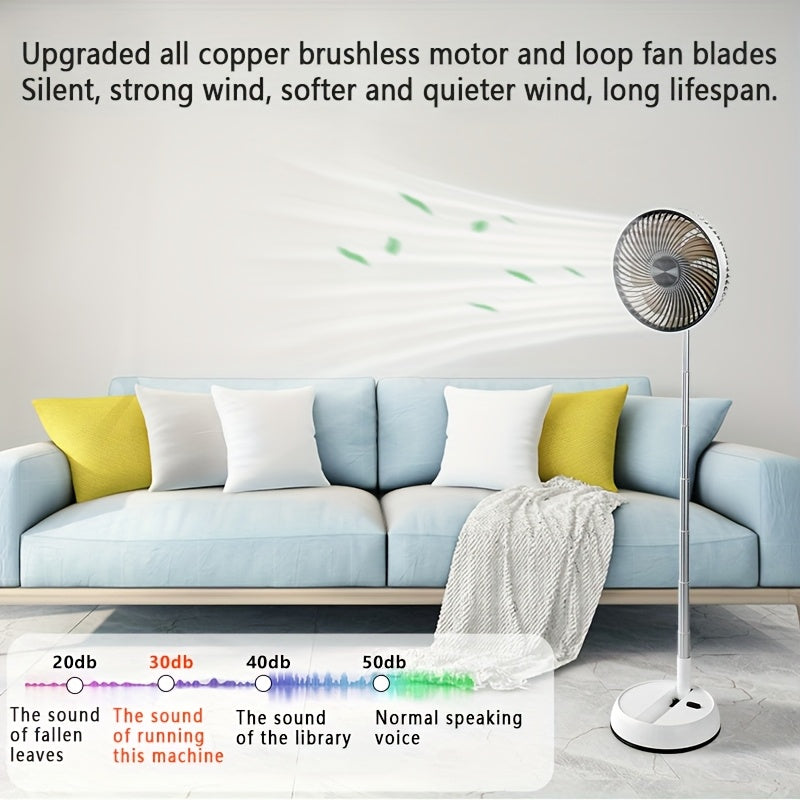 Portativ USB bilan quvvatlanadigan, yig'iladigan dizaynga ega fan, masofadan boshqarish pulti bilan, stol usti yoki pol uchun mos. Uy va sayohat uchun ideal, kichik o'lchamli, 8 dyuymli brushless motor va kuchli havo oqimi bilan