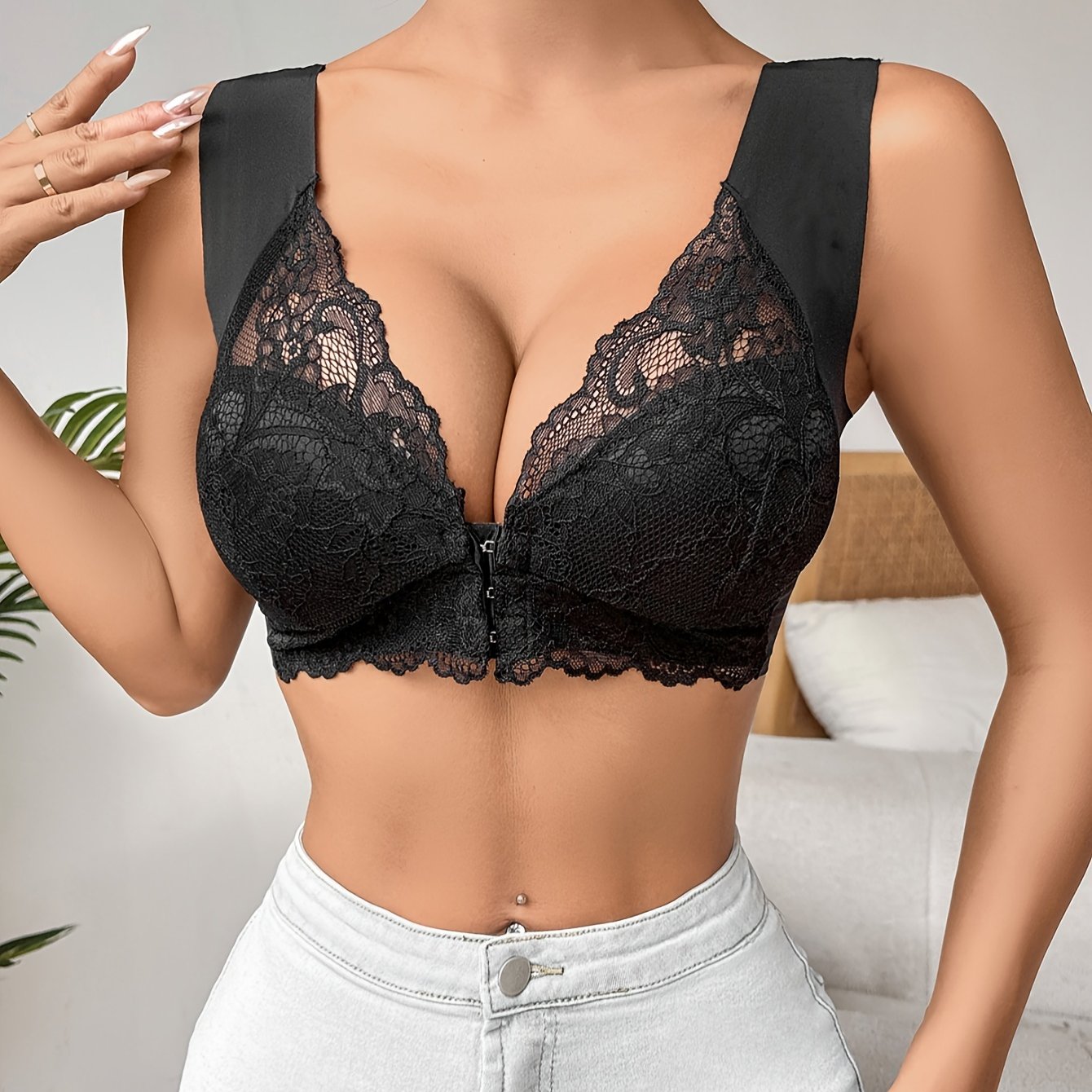 Women's Lace Front Bra Solid Color Wireless Push-Up Lingerie