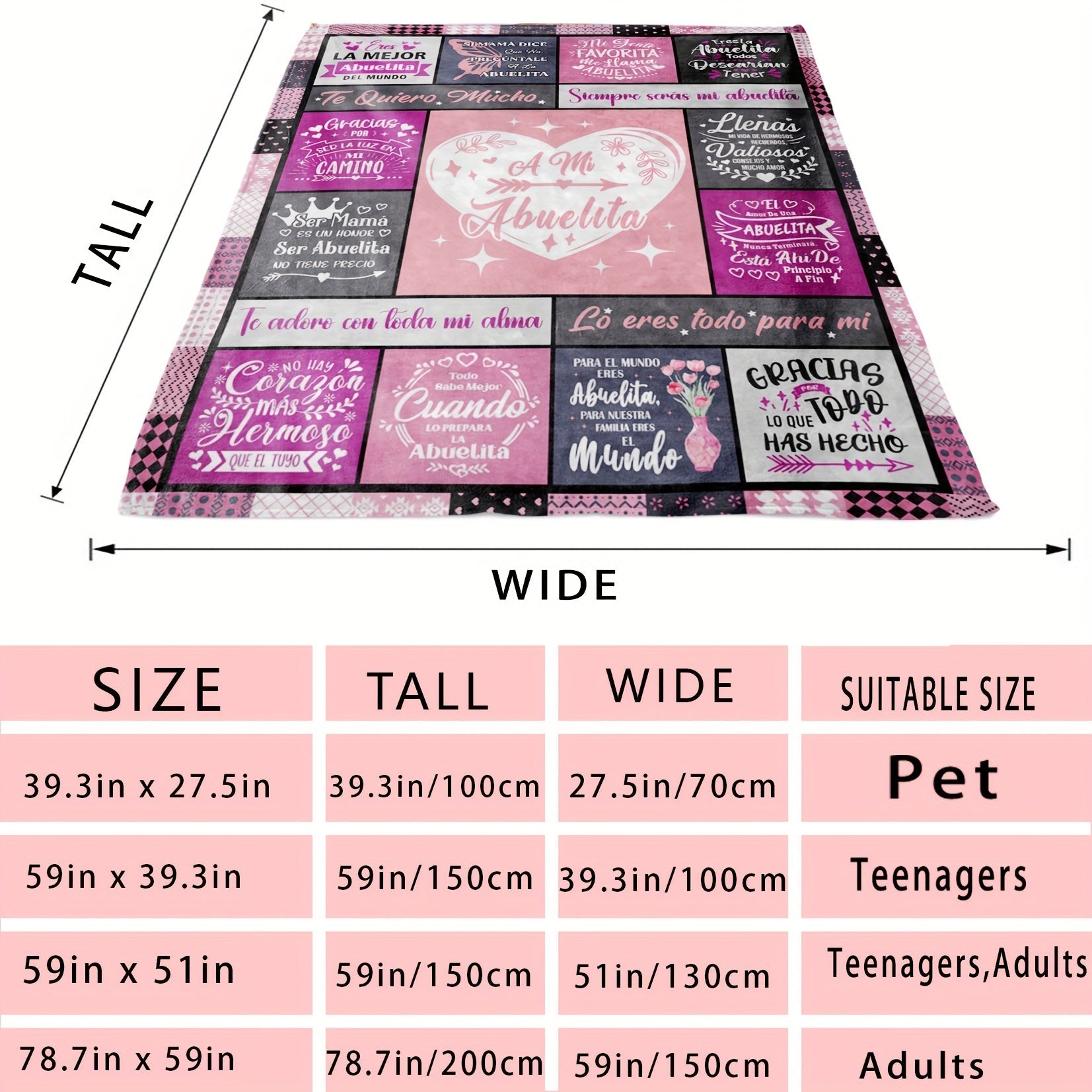 Pink Flannel Throw Blanket with Spanish Phrases for Grandma, Machine Washable, Floral Knitted Gift