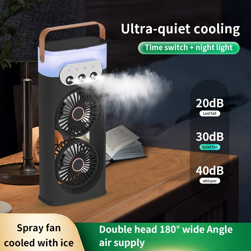 Portable Table Fan with Dual USB Fans and Humidifying Mist, Quiet Indoor Outdoor