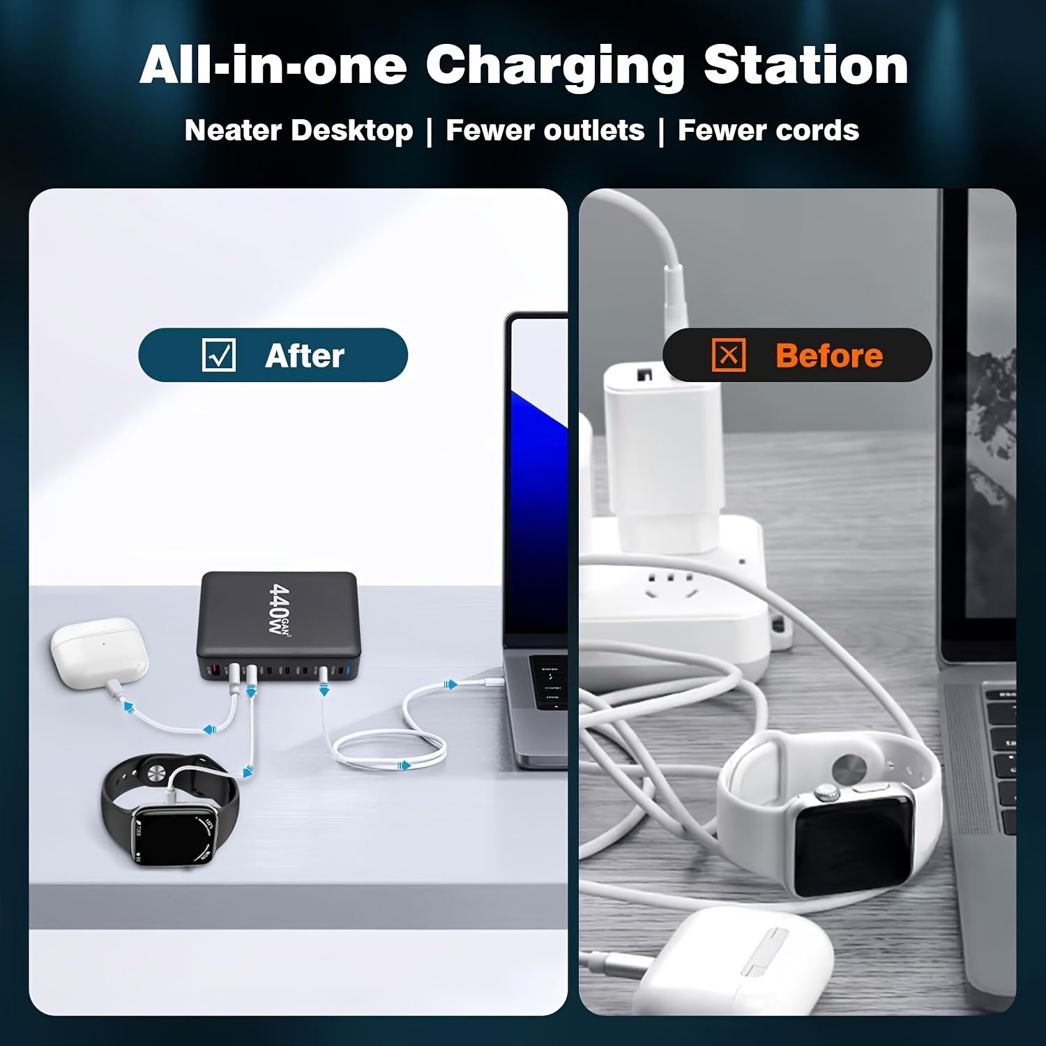 440W GaN Multi-Port Fast Charger Station with 8 USB-C and USB-A Ports European Plug