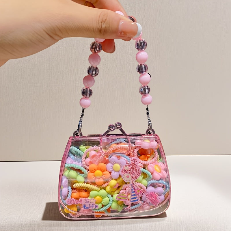 Qizlar uchun aralash ranglarda 20 ta qiziqarli multfilm soch bog'ichlari to'plami, pushti sun'iy marvaridli sovg'a qutisi bilan