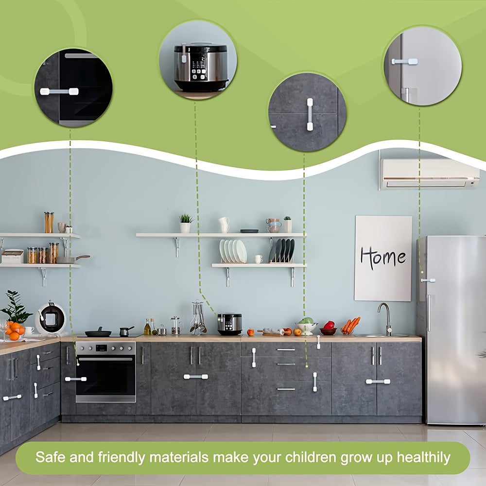 Bolalar xavfsizligi uchun yopishtiruvchi qulflash kamarlar, shkaflar, muzlatgichlar, kir yuvish mashinalari, hojatxona, shkaflar, pech uchun xavfsiz va oson o'rnatiladi