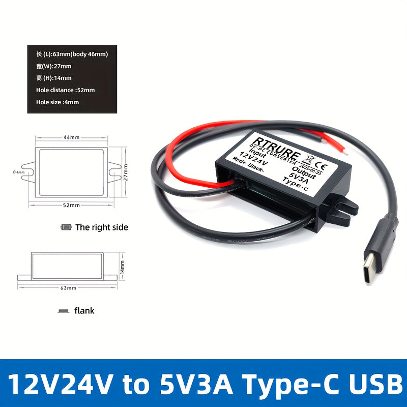 Adaptador de corriente para coche DC Convierte 12V/24V a 5V 3A Cargador de coche USB-C Micro USB