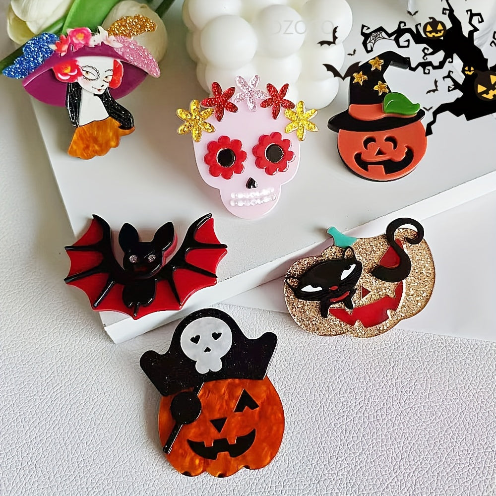 Retro Punk Acrylic Brooch Pins Halloween Icons Pumpkins Skeletons Bats Quirky Cartoon