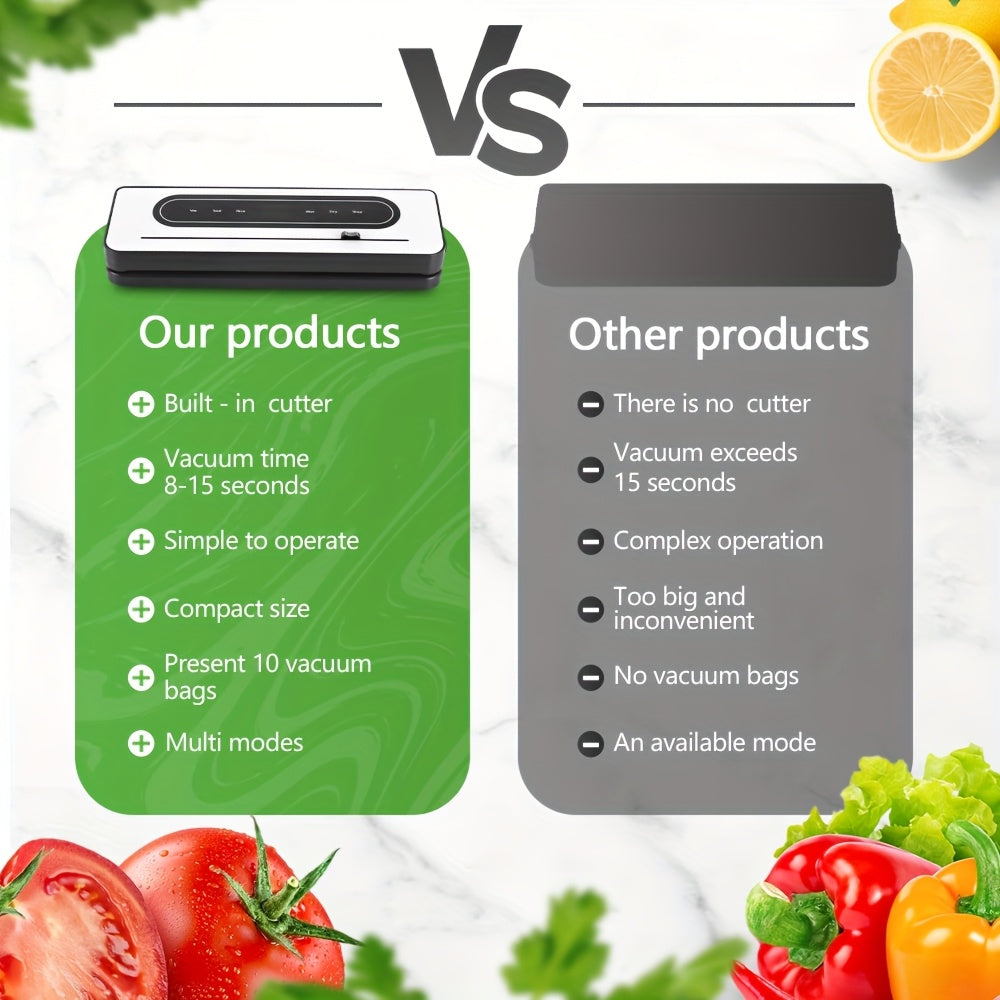Avtomatik vakuum yopish mashinasi, kesgich bilan, quruq va nam oziq-ovqat rejimlari, LCD sensorli ekran, kuchli suv o'tkazmaydigan, oshxona oziq-ovqat saqlash