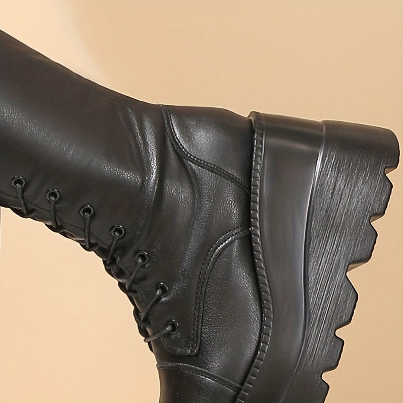 Women's Faux Leather Wedge Knee High Boots Lace Up Chunky Gothic