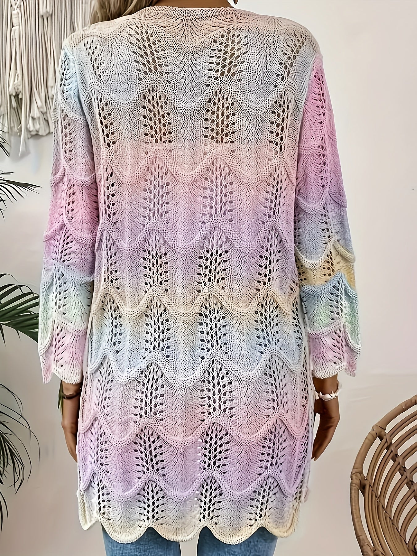 Ayollar uchun katta o'lchamdagi gradient rangli kardigan ochiq old qopqog'i bilan yumshoq akril aralash pastel tie-dye