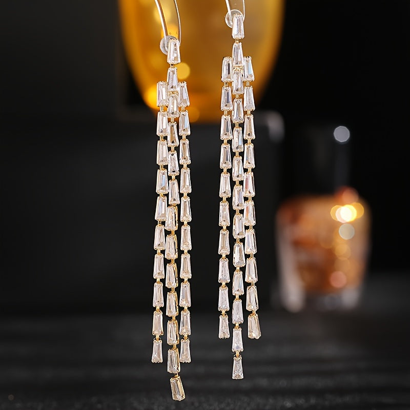 Wedding Jewelry Earrings with Zirconia Square Chain Tassel Design