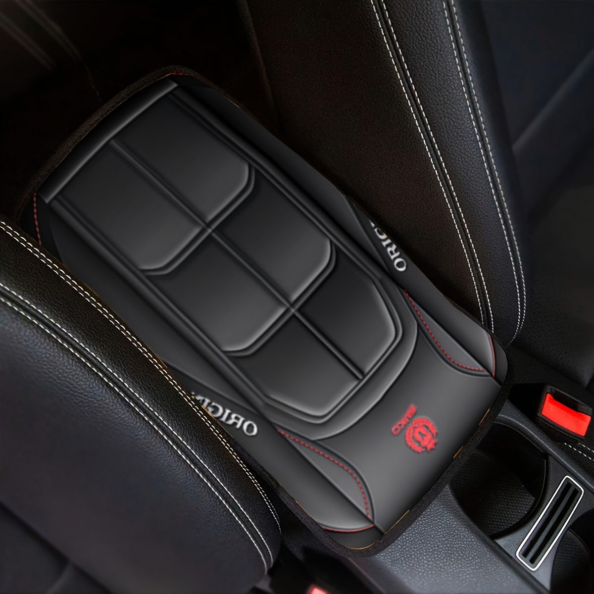 Car Interior Armrest Cover, Rubber, Black and Red, Durable Polyester
