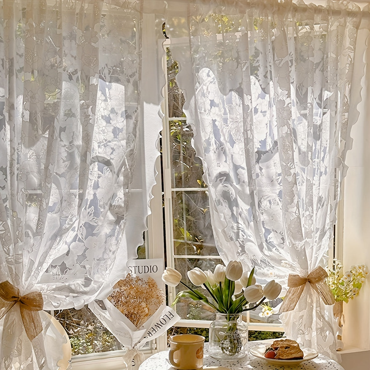 White Yarn Curtain with Rose Flower Design for Bedroom Living Room Balcony Windows