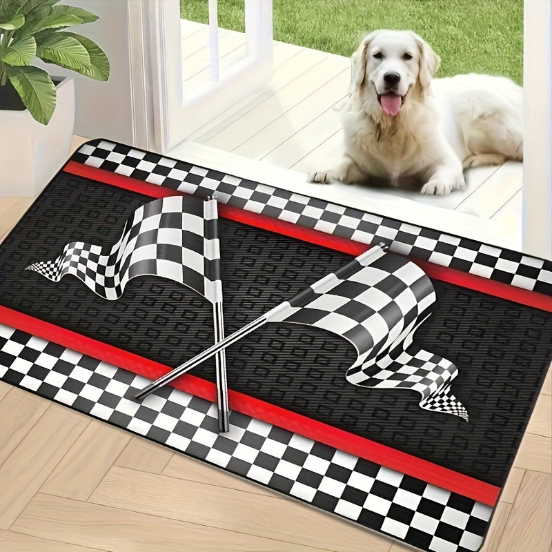 Flannel Racing Flag Mat Non-Slip Checkered Design 1.1cm Thick for Living Room Bedroom