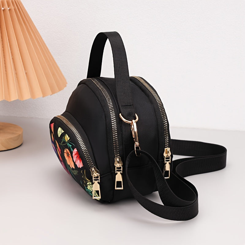 Ayollar uchun moslashuvchan kamar, zip yopilishi va polyester astar bilan gullar naqshidagi nylon xoch sumka.