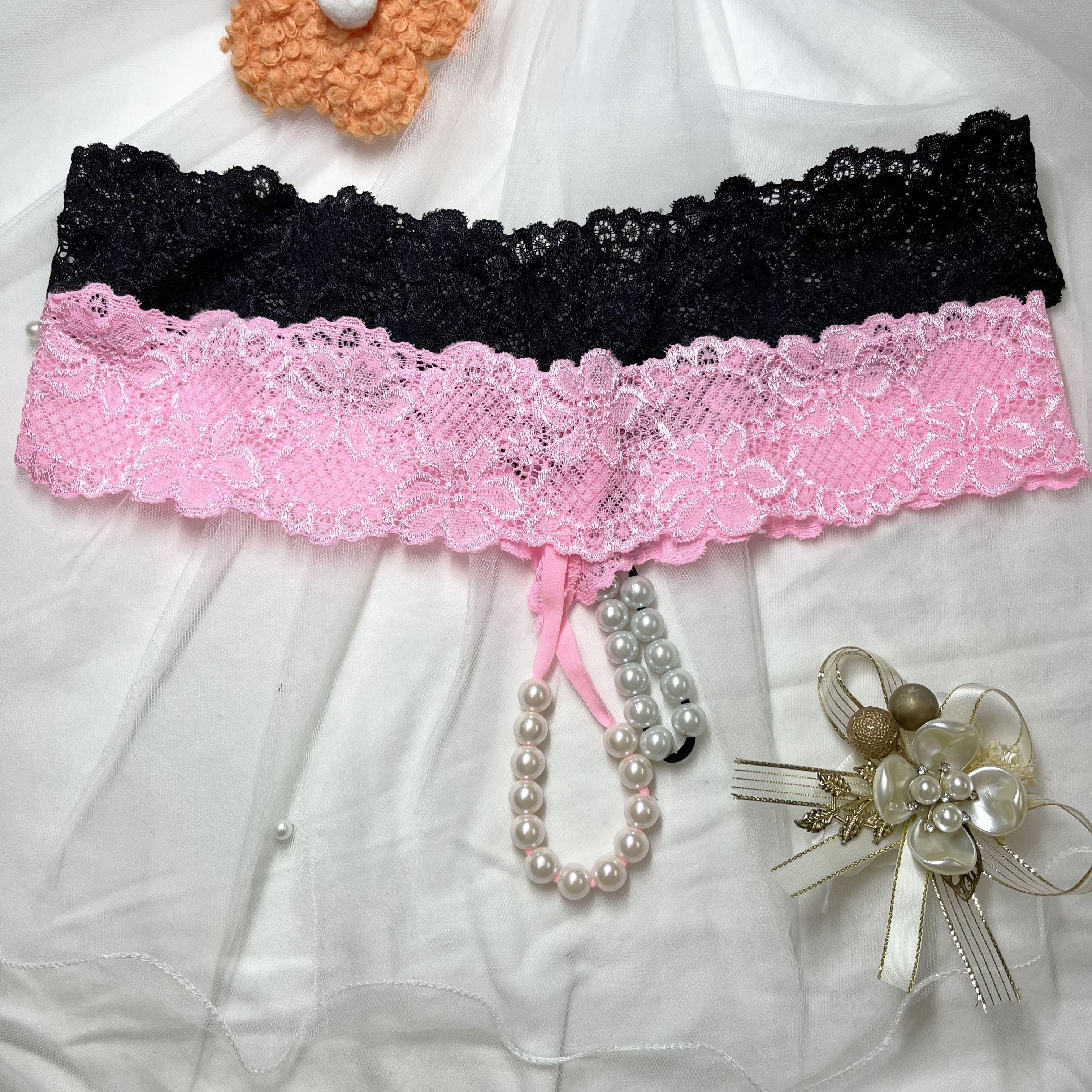 Black and Pink Lace Massage Thong Set with Beads 2-Pack