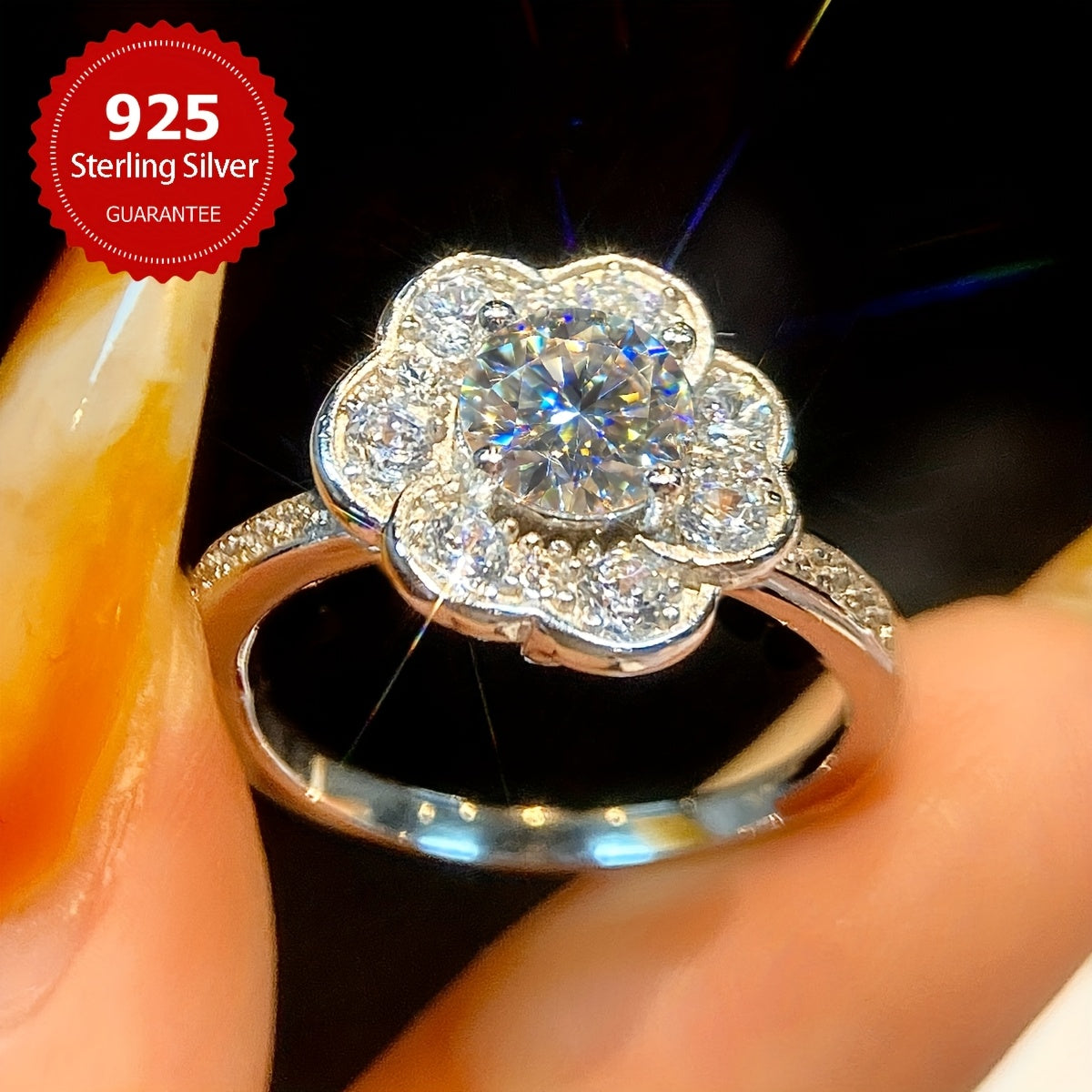 Women 1CT Moissanite Engagement Ring Silver Four-Leaf Clover Wedding Promise Jewelry