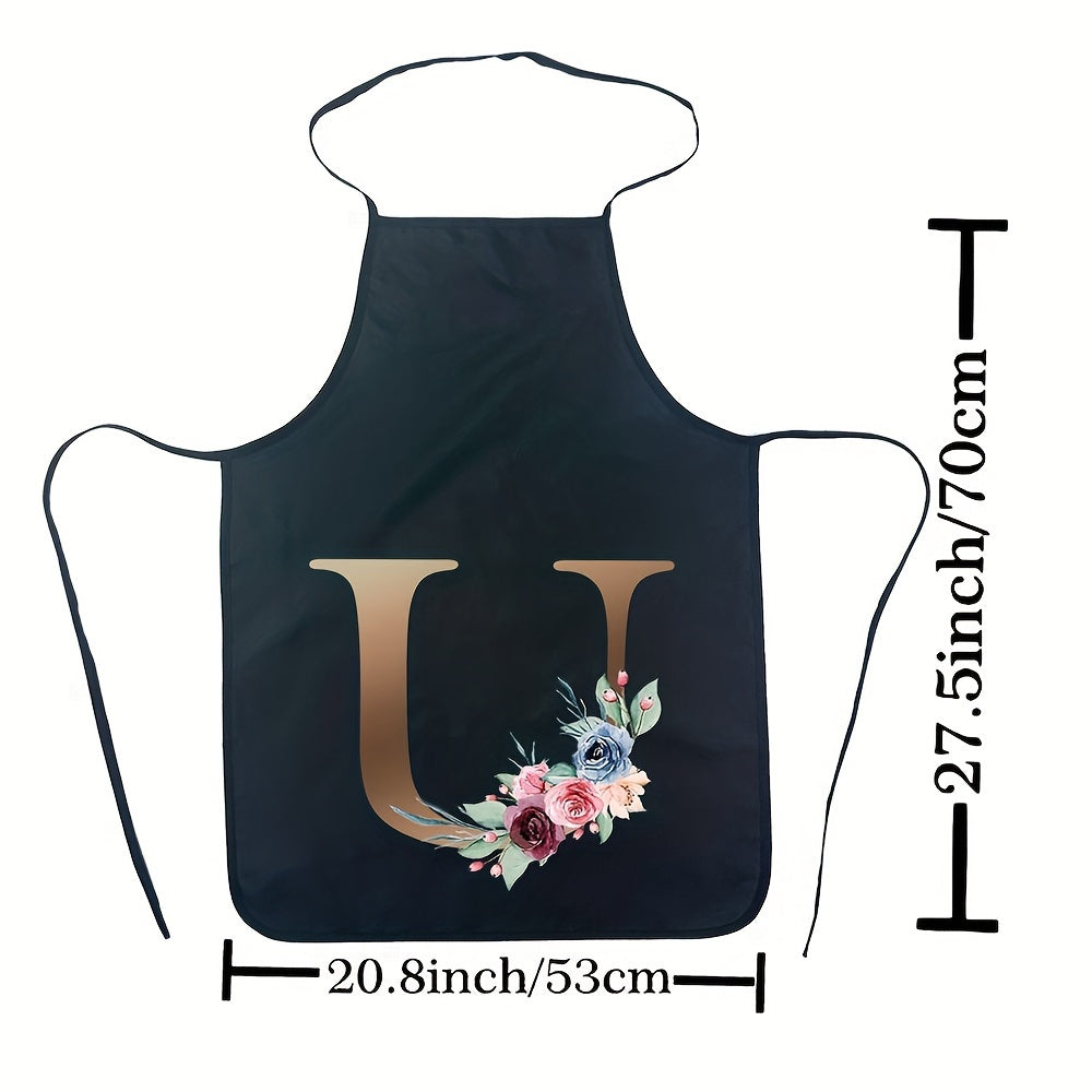 Women's Floral Polyester Kitchen Apron with Letter Print and Monogram