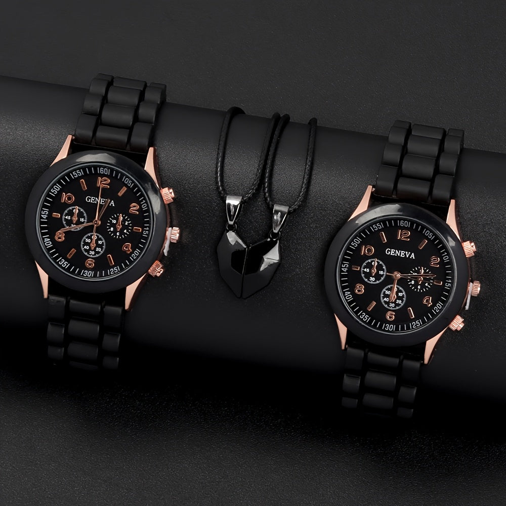 4-Piece Couple Quartz Watch Set with Colorful Love Magnetic Necklace Soft Strap Gift for Valentine's