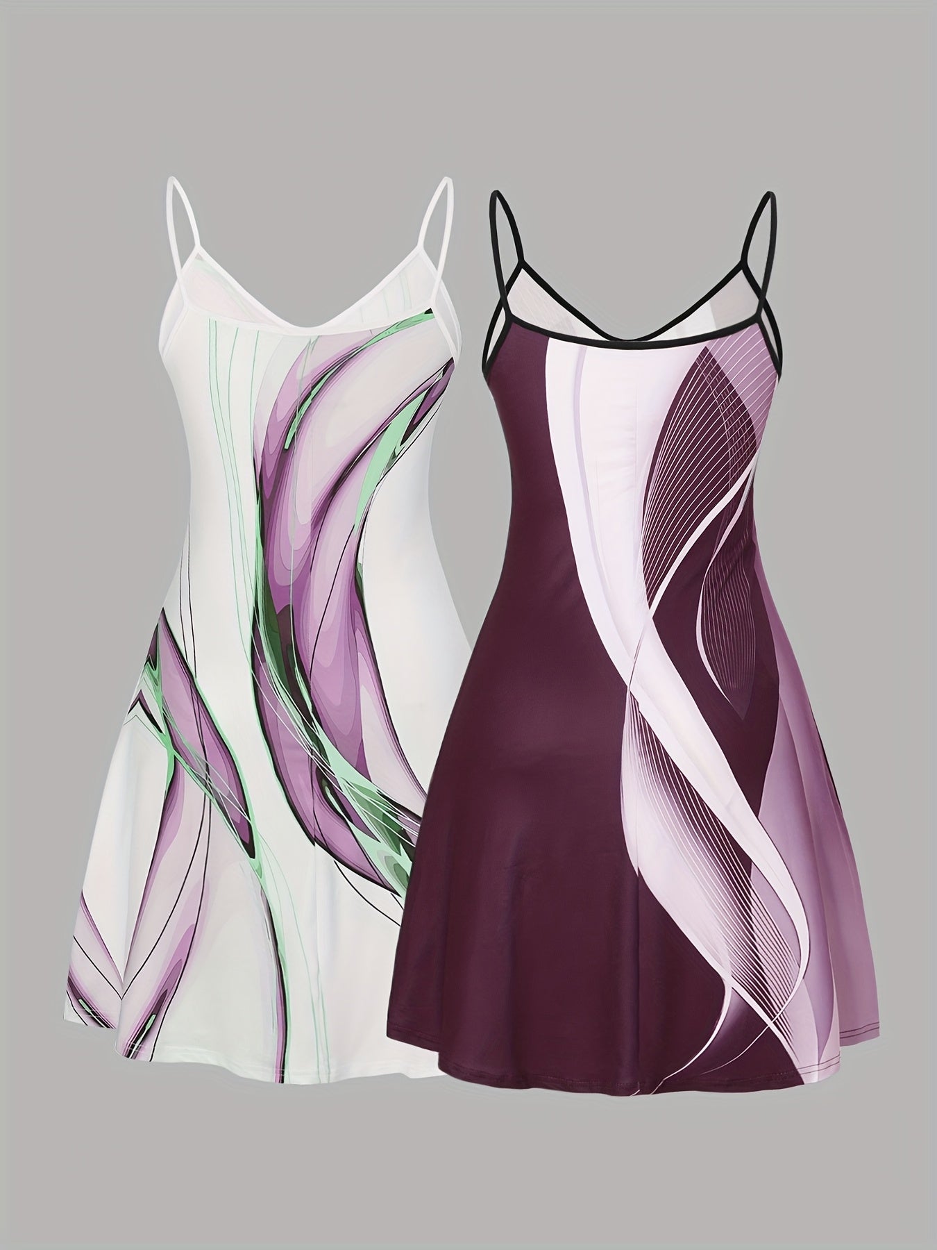 Women Plus Size V-Neck Spaghetti Strap Nightgowns White Purple Abstract Print Slip Dresses