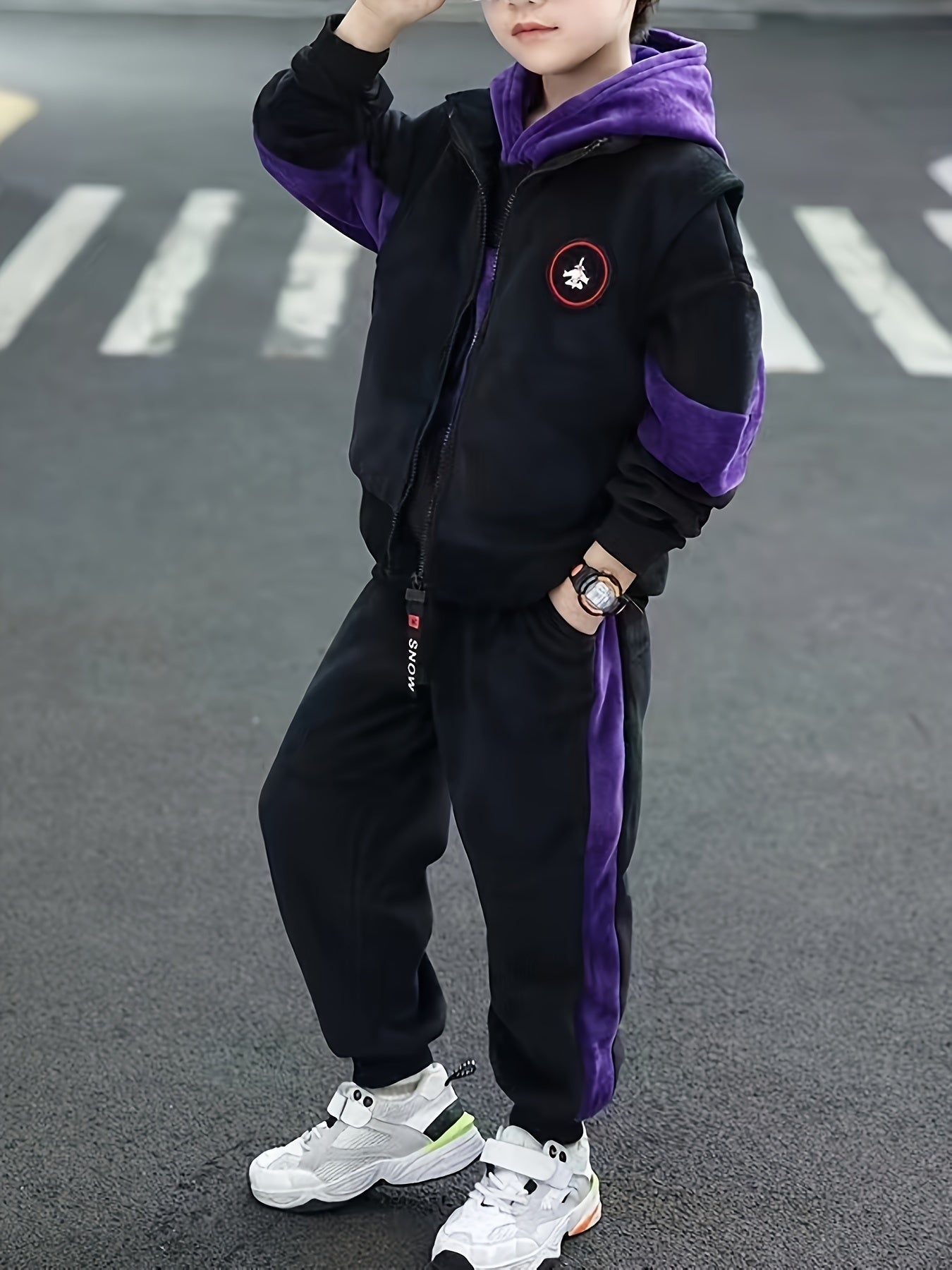 Boys Winter Three-Piece Set Hoodie Vest Pants Casual Sporty Warm Velvet for Medium to Large Children