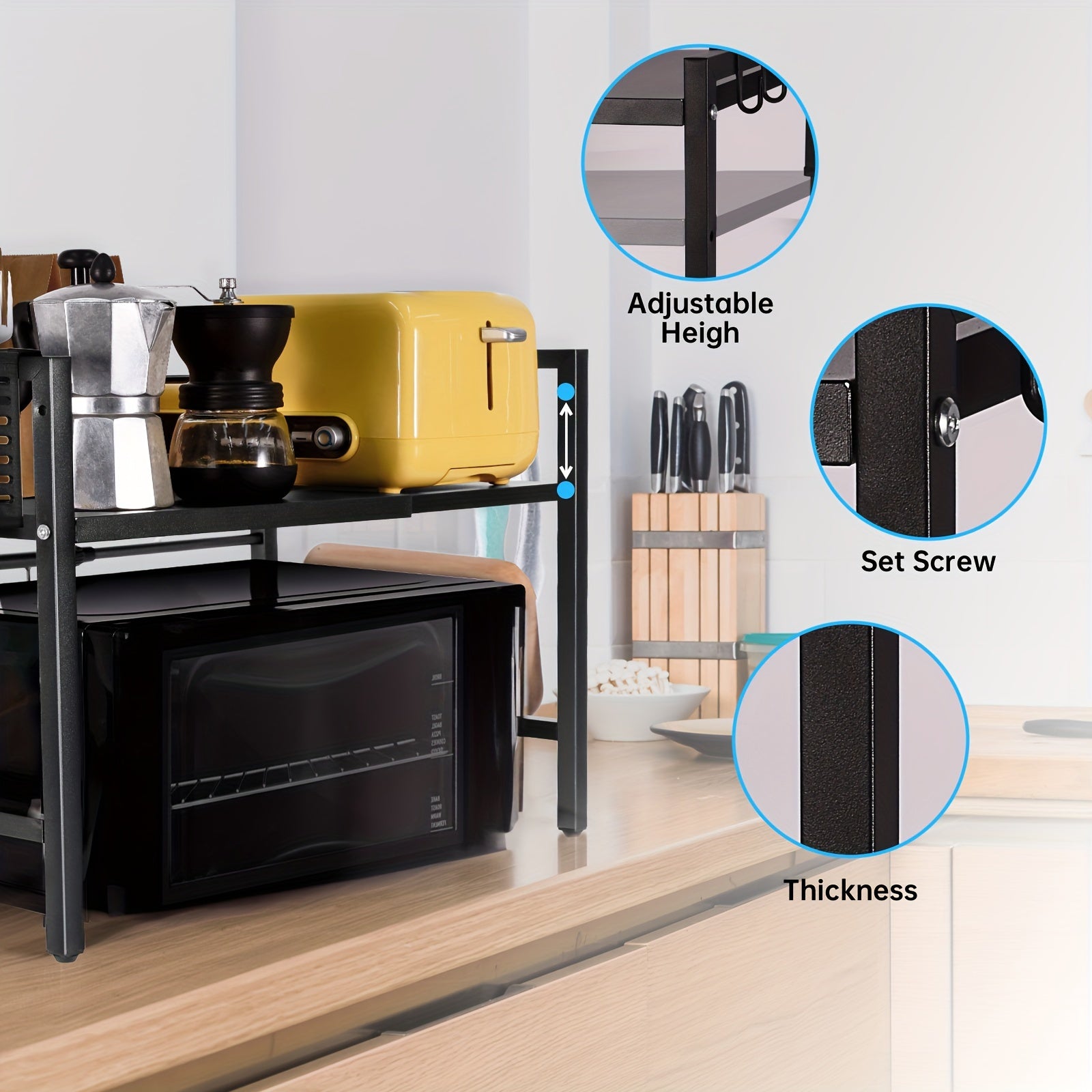 Retractable Microwave Stand with Storage and Hooks for Countertops