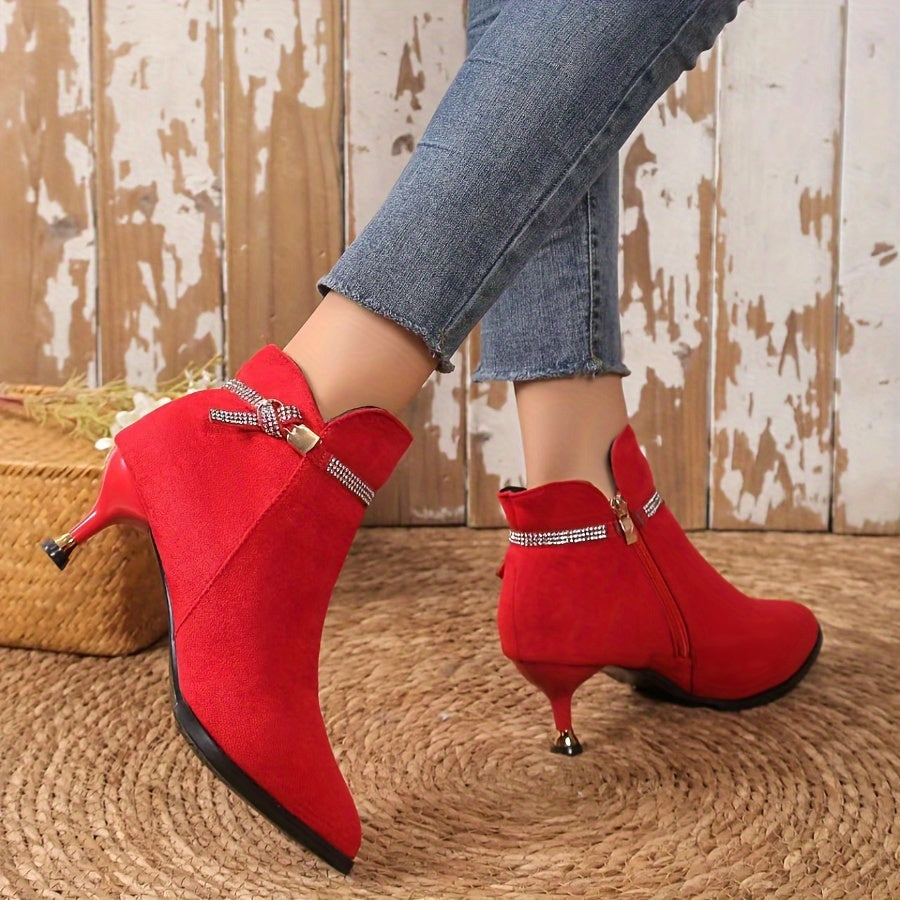 Women's Velour Metal Buckle Ankle Boots with Pointed Mid-Heels