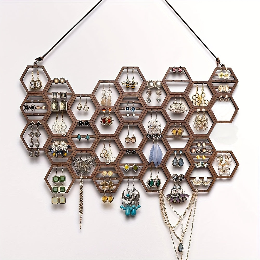 Wooden Jewelry Organizer Wall Mount Honeycomb Design Earring Necklace Display Rack