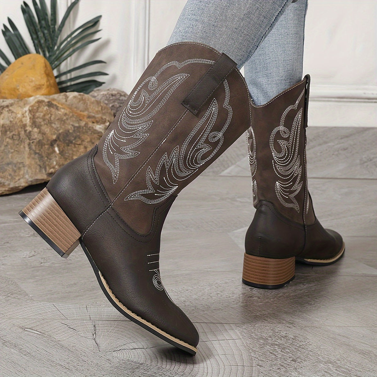 Women's Faux Leather Embroidered Chunky Heel Cowboy Boots with Square Toe