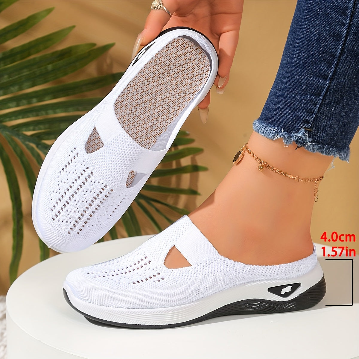 Women's Mesh Slip-On Sandals with Cut-Out Design Black White Casual