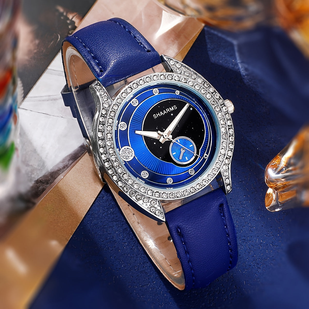 Набор из 6 женских элегантных кварцевых часов и украшений с синими ремешками и кристальными вставками