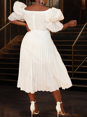 Plus Size Women's Off-the-Shoulder Wedding Dress with Princess Sleeves White Midi Flared Skirt