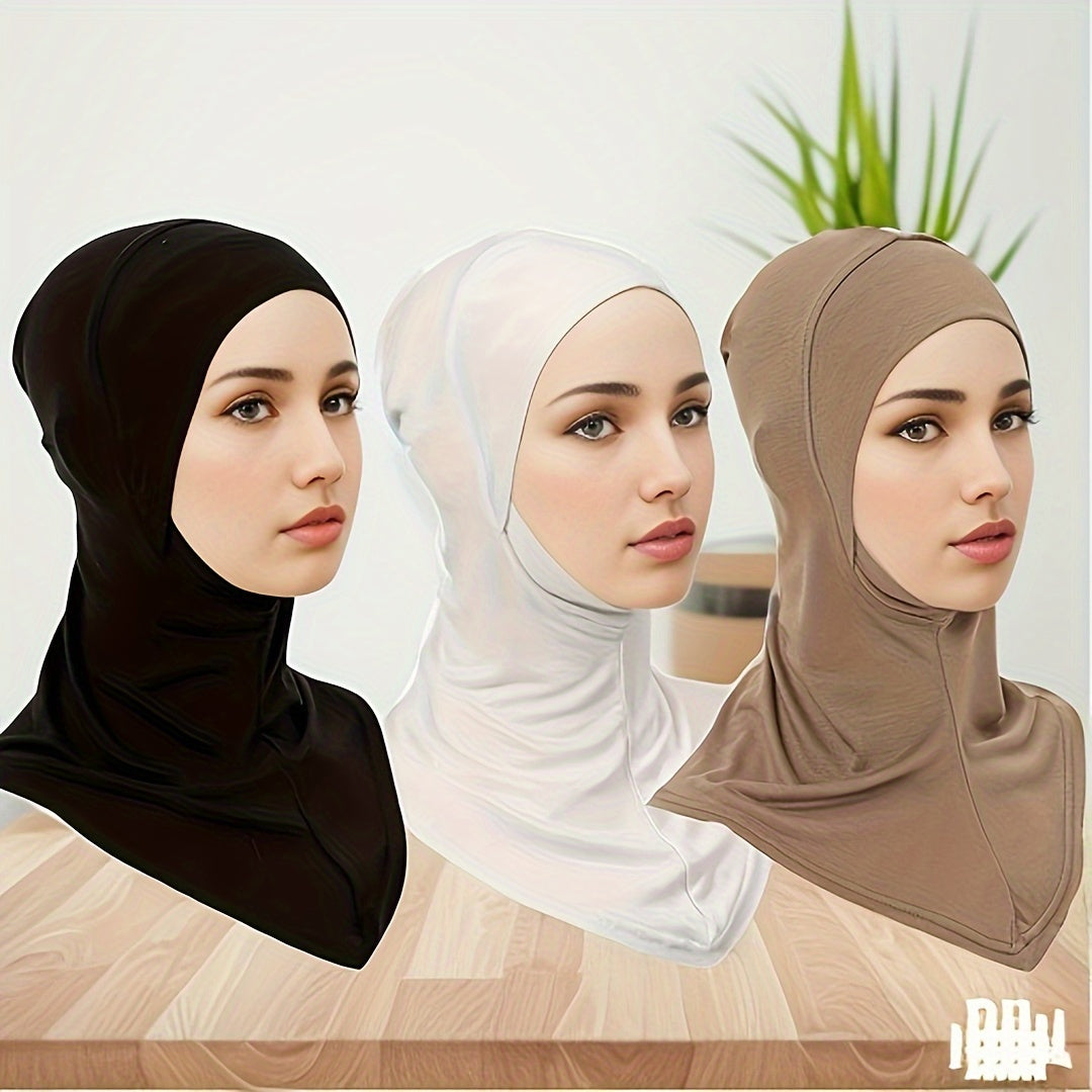 Women’s Elastic Modal Hijab Caps Pack of 3 Breathable Polyester Solid Color Head Wraps with Snap Closure