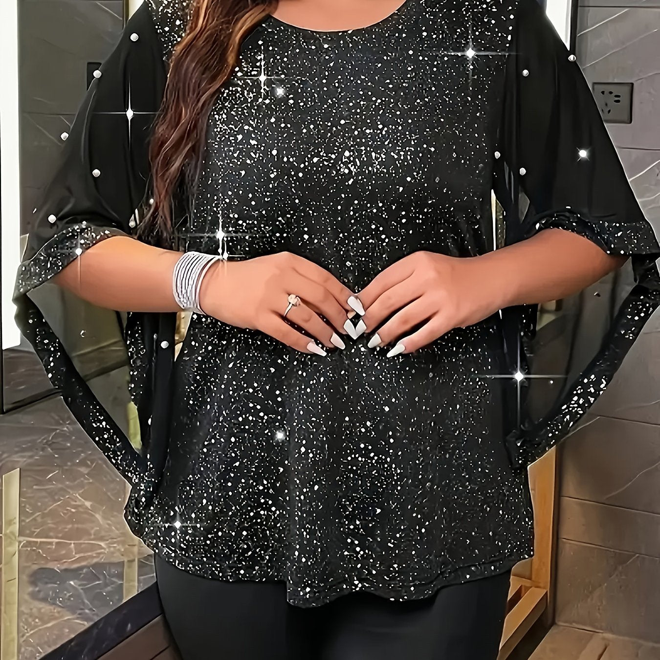Plus Size Beaded Mesh Top with Irregular Sleeves for Spring and Summer