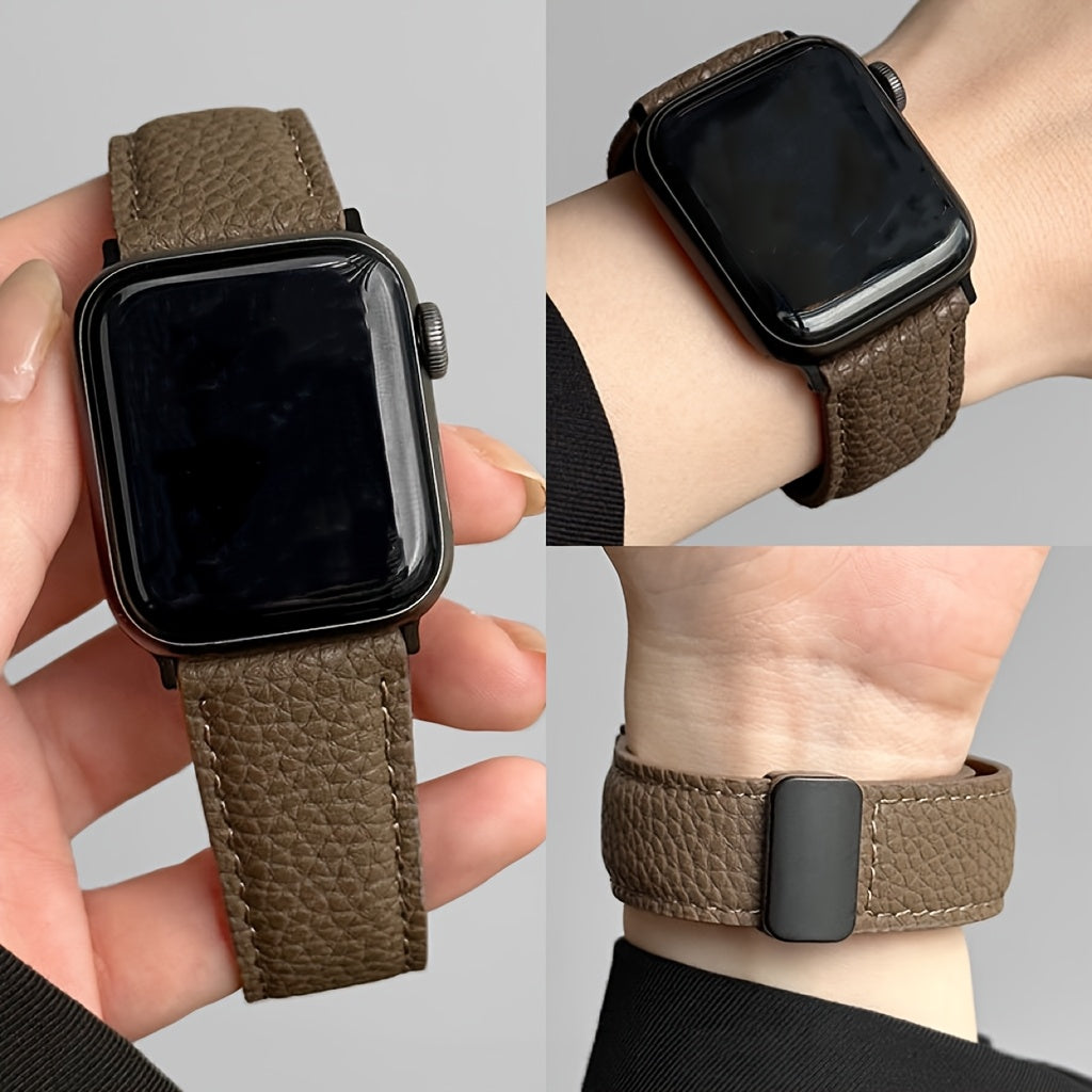 Litchi Pattern Patent Leather Apple Watch Strap Water-Resistant with Magnetic Buckle Beige Dark Brown