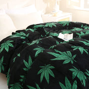 Rustic Style Flannel Blanket with Marijuana Leaf Print for Couch Bed and Travel