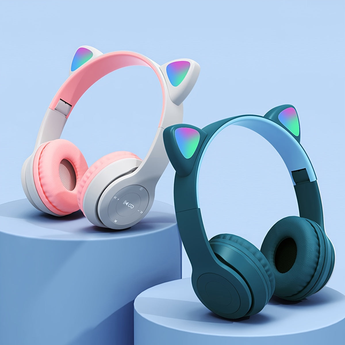 Wireless LED Cat Ear Headphones with Foldable Design Rechargeable Battery Volume Control