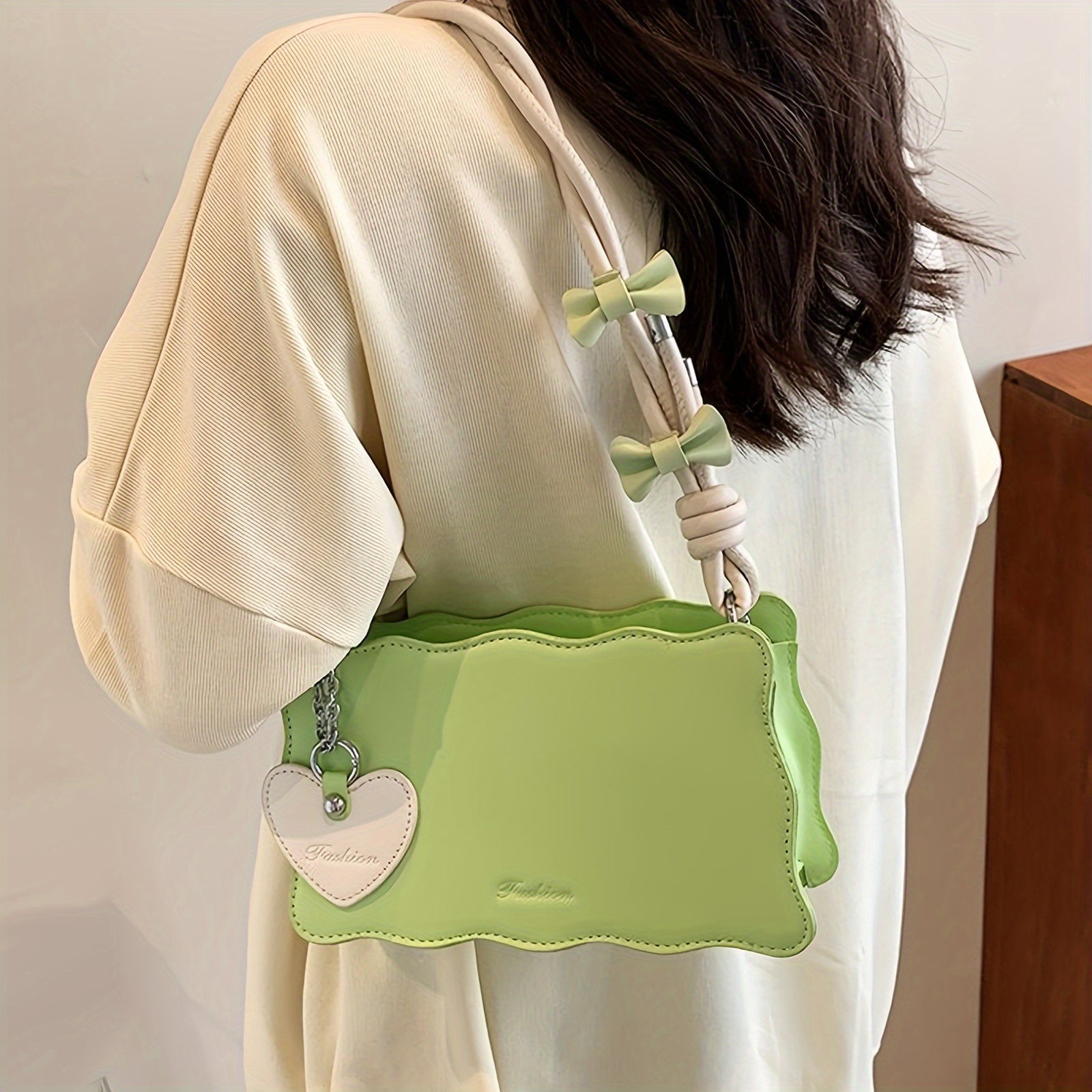 PU Leather Baguette Shoulder Bag with Butterfly Bow Accents Water-Resistant Zipper Closure